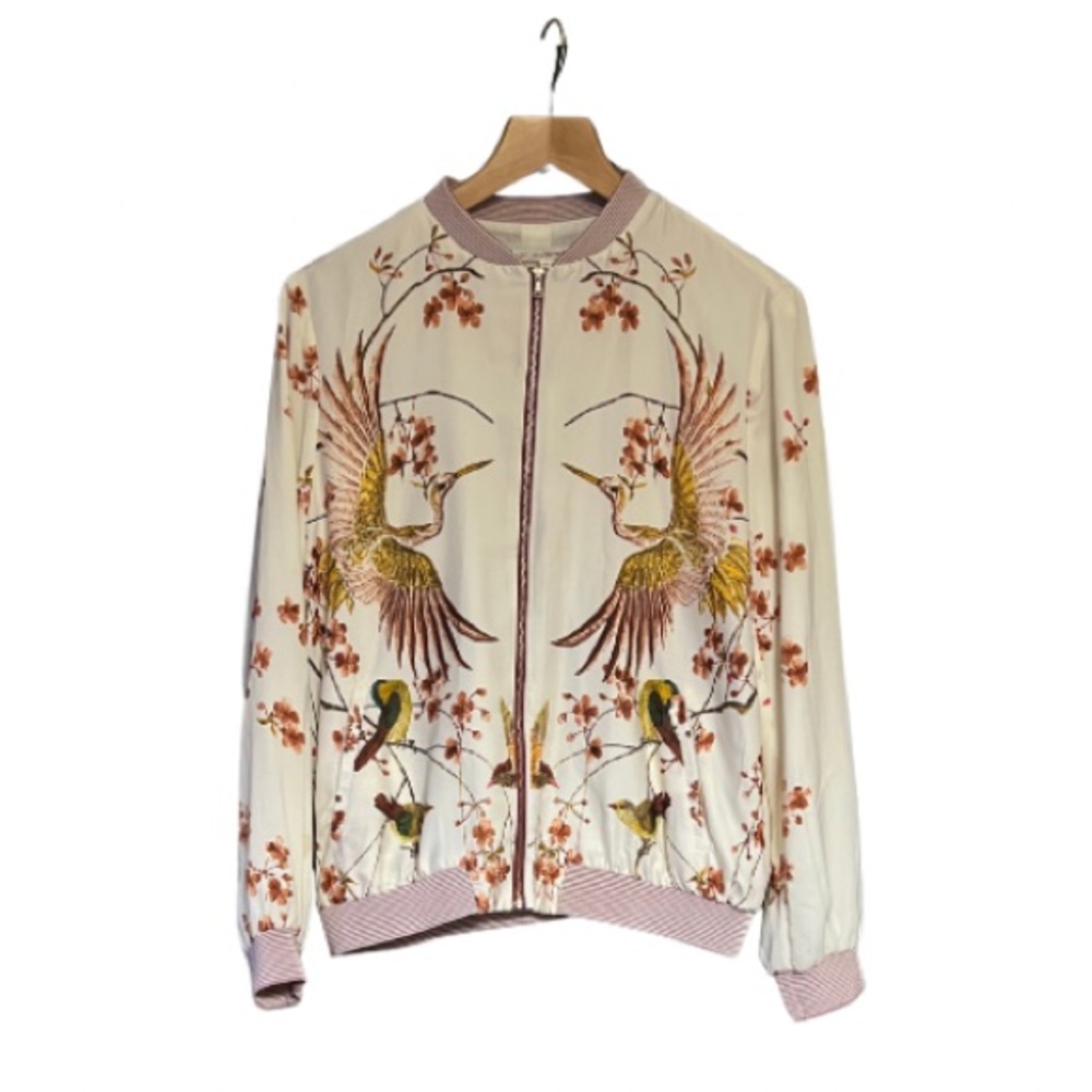 Chic Cream Bomber Jacket with Bird Design